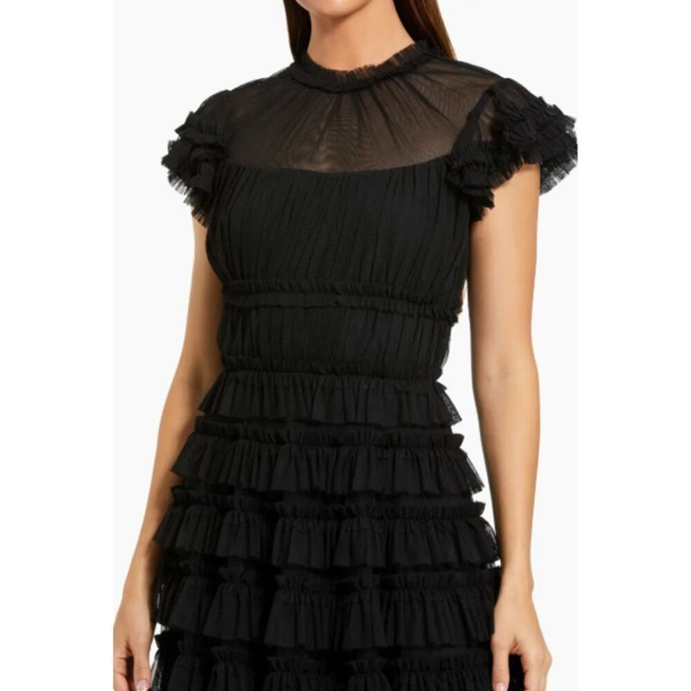Mac Duggal Black Ruffle High Neck Cap Sleeve Midi Dress Size 6 NWT Cocktail